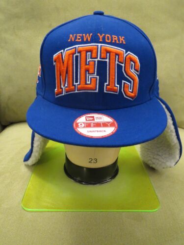 New Era NY Mets Blue Dog Ear Flaps Snapback Adjustable Hat, Text Side Logo - Afbeelding 1 van 22