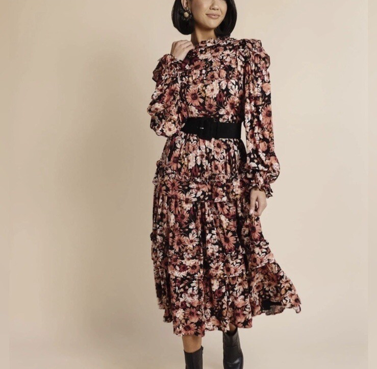 knee length dresses for ladies Floral Print Ruffle Detail Midi Dress M main image 0