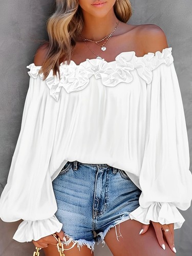 Camicetta donna casual moda spalle scoperte maniche lunghe top camicie estive nuova - Foto 16 di 19