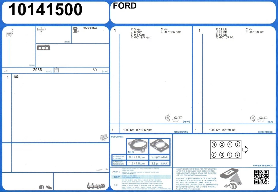 Full Engine Rebuild Gasket Set FORD TEMPO V6 3.0 141/156 183 (1992-/1994) — 第 2/2 张图片