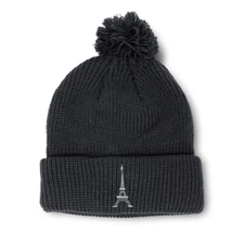 Pom Pom Beanies for Women Paris Travel Eiffel Tower Embroidery Acrylic Skull Cap