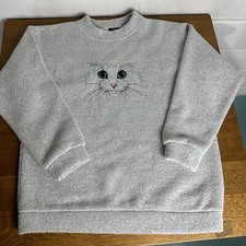 Vtg 90s Streetwear Womens M Cat Kitten Terry Cloth Sweatshirt Heather Gray USA