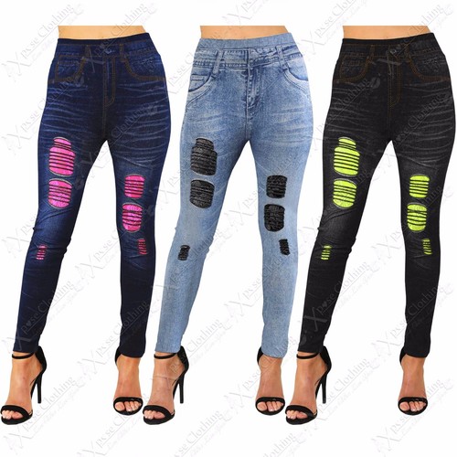 Denim Donna Jeans Taglio Al Ginocchio Strappato Contrasto Pizzo Skinny  Leggings | eBay