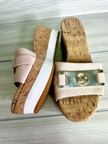 Michael Kors EXCELLENT Warren Platform Sandal 8 Pink Cork Wedge Shoe Logo Slide - 第 7/9 張圖片
