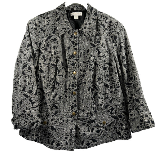 Coldwater Creek Women's Jacket Size 16 Snap Up 3/4 Sleeve Black Scroll Cotton