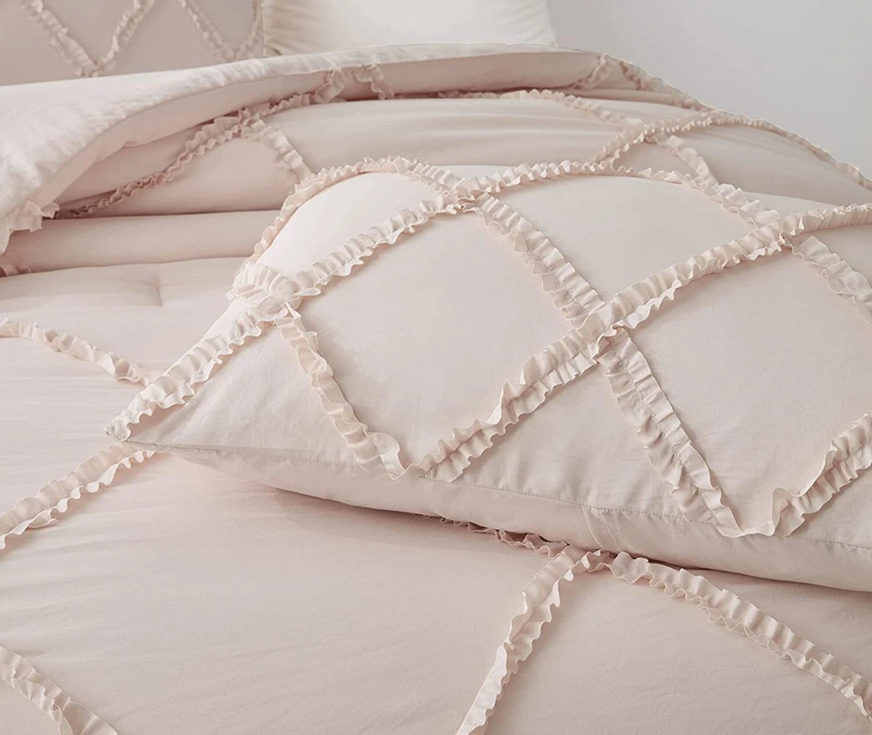 Blush Pink Washed Microfiber Bedding Set Diamond Ruffled Comforter Set and Shams - Image 3 of 4