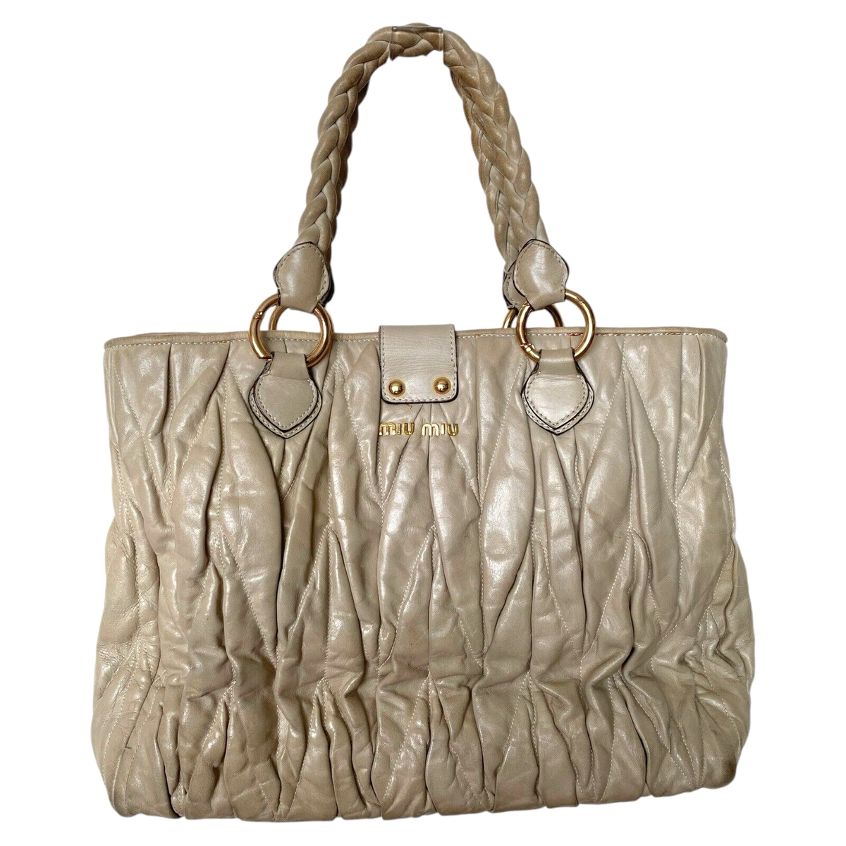 MIU MIU Beige Calfskin Matelasse Lux Leather Bauletto Aperto Tote 