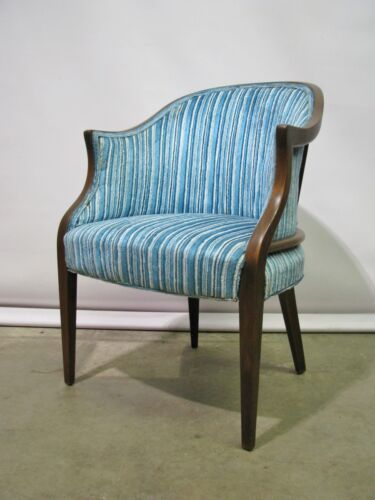 1960's Mid-Century Tub Walnut Tub Chair; Unique Design + Blue White Upholstery - 第 1/12 張圖片