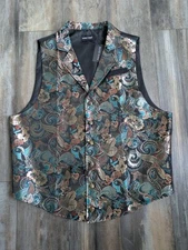 NWT Barry Wang Men's Blue Gold Jacquard Floral Silk Waistcoat Vest 1XL