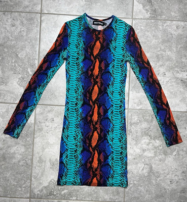 House of Holland Colorful Python Snake Print Long Sleeve Mini Dress Retro US 4 S