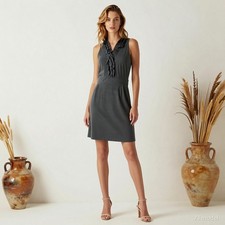 Plus Size Preppy Midi Dress Grey Jersey Pencil V-Neck Sleeveless Ruffles US 18