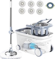 Spin Mop Bucket Deluxe 360 Spinning Floor Cleaning System with 6 Microfiber Repl