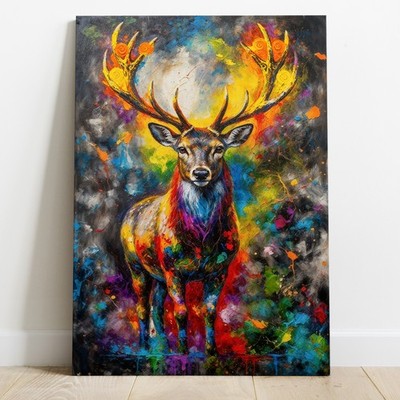 HIRSCH FARBSPRITZER, Bunt Tier Kunst Wandbild, Acrylglas, Leinwand, Poster
