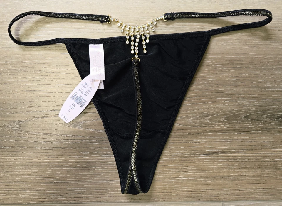 NWT Vintage Victoria's Secret Black Smooth Rhinestone Bling V-String Panties M - Image 2 of 3