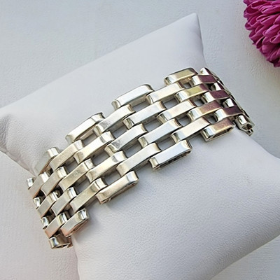 TR-86 VINTAGE MEXICAN 925 STERLING SILVER WIDE AND HEAVY LINK BRACELET 56.7 gram