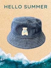 NWT VTG Janie  Jack Boys Reversible Blue Jean Teddy Bear Sun Bucket Hat 18M-3T