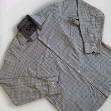 Bugatchi Mens Shirt Large Gray Checker Classic Fit Long Sleeve Flip Cuff