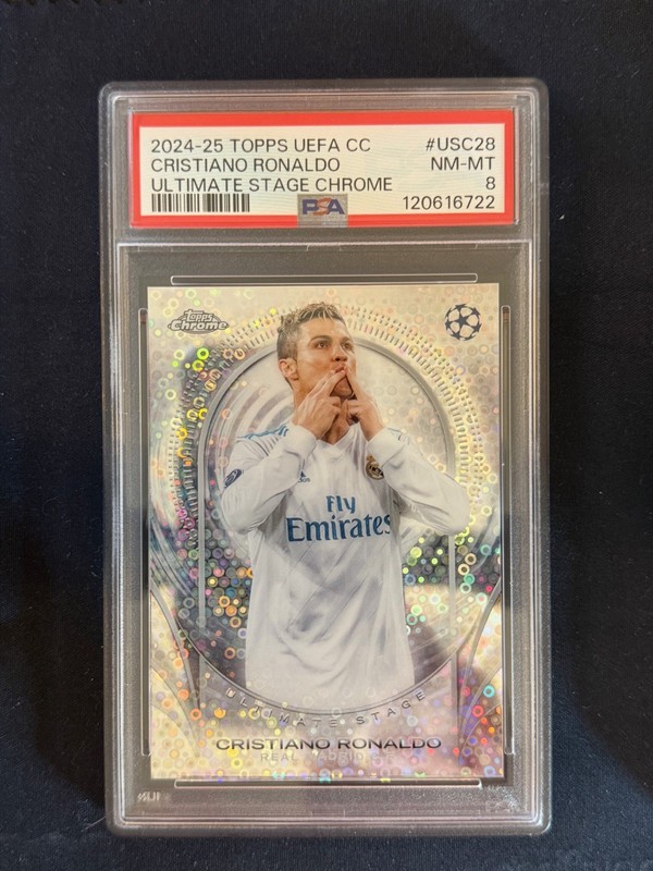 2024-25 Topps Chrome UEFA Cristiano Ronaldo Ultimate Stage Chrome PSA 8