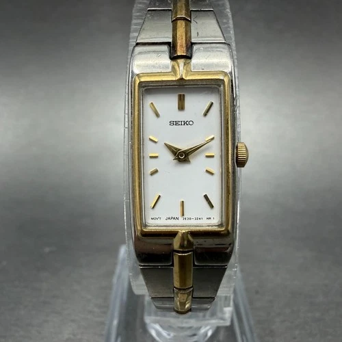 Seiko Tank Watch Women 13mm White Dial two Tone Rectangle 2E20-0AY0 New BatteryK