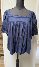 Banana Republic Women's SS Shirt Blouse Navy Blue Eyelet Trimmed Top SZ L Smock