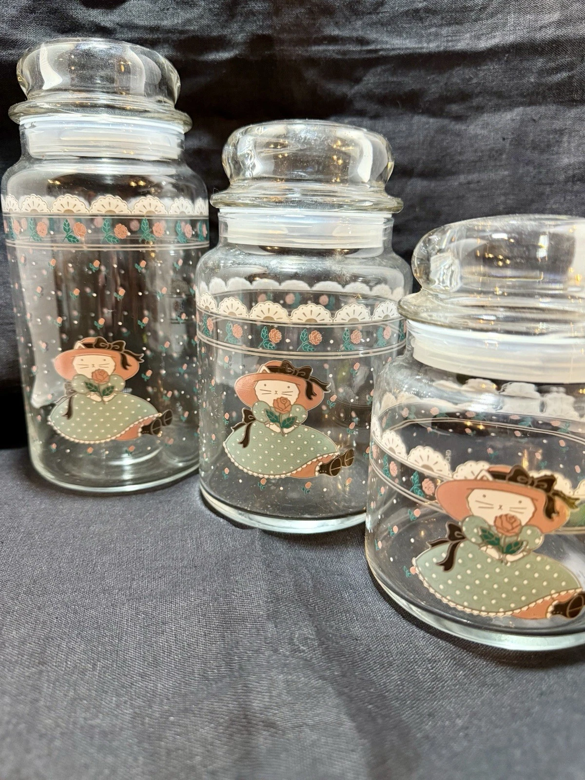 Vtg Trio Anchor Hocking CHD Glass Jar Anthropomorphic Kitty Cat Canister Set