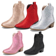 Kids Girls Western Boots Cowgirl Rhinestone Boots Ankle Low Heel Dress Booties