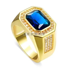 Blue Sapphire Emerald Cut With 925 Sterling Silver Gold Plated Ring For Men #10