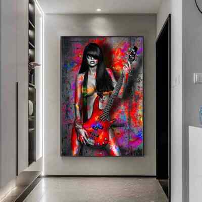Graffiti Sexy Woman with Guitar Canvas Painting Poster Living Room Home Decor 