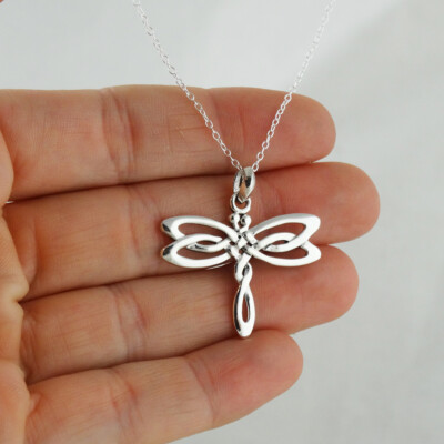 Keltische Libelle Anhänger Halskette 925 Sterling Silber irischer Knoten Insektenflügel