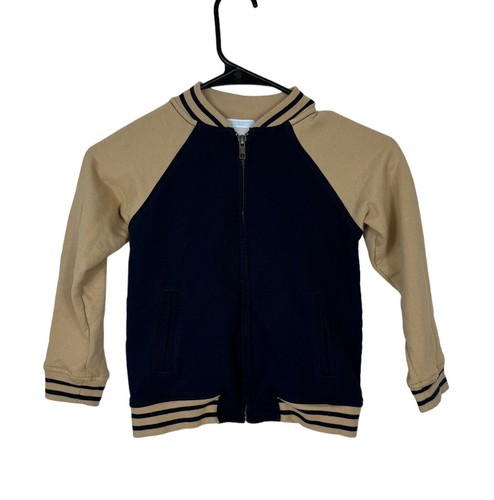 Janie And Jack Boys Full Zip Varsity Sweatshirt Tan Navy Size 4 100% Cotton - Picture 2 of 6