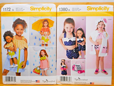 2 Simplicity Patterns 1172-1380-18'' Doll Clothes + Girls Dress Swimsuit-Size-3-8