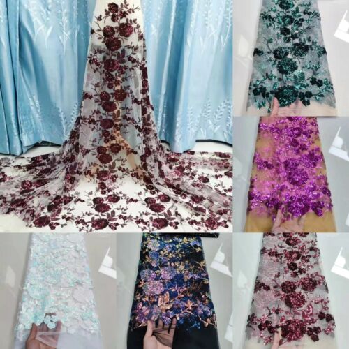 3D Rose Flower Embroidery Sequins Tulle Lace Fabric Mesh Bridal Dress 5 Yards - Picture 1 of 16