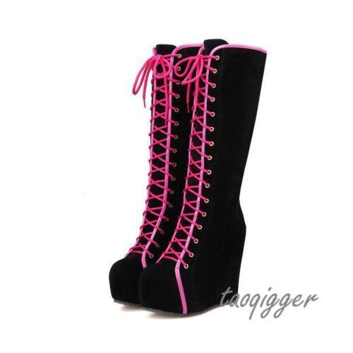 Fashion Thick Sole Women's Wedge Hidden Heel Knee High Boots Platform Shoes Punk