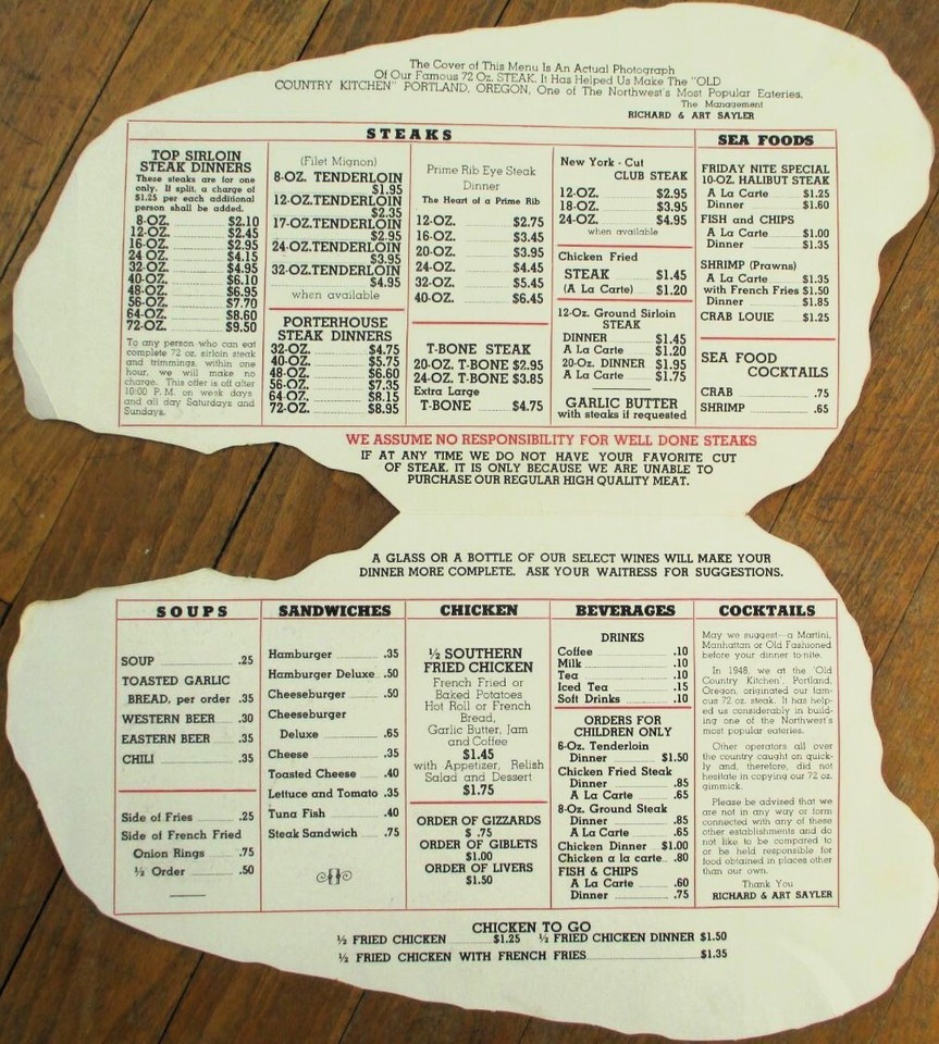 Portland, OR 1950s Restaurant Menu, Old Country Kitchen, Steak Shape Die Cut | eBay
