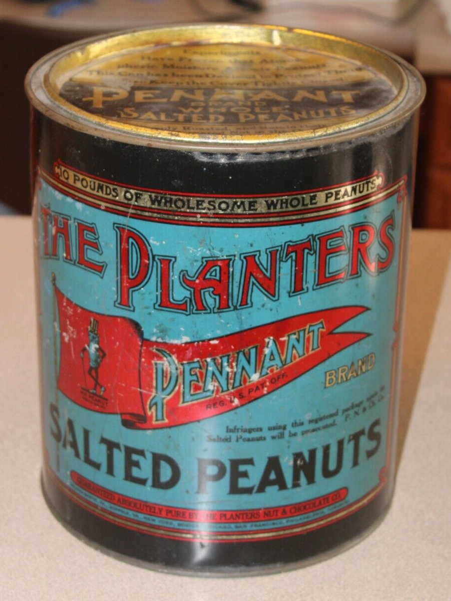Antique Planters Salted Peanut Tin Can 10 lb 1920s w Lid Mr Peanut