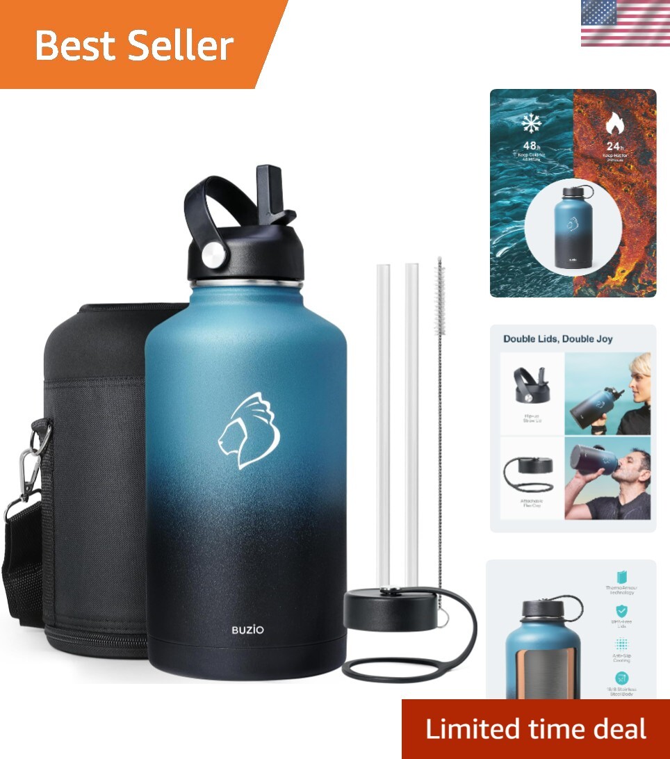 Insulated Water Bottle with Straw Lid and Flex Cap, 64oz Double Wall Vacuum S...