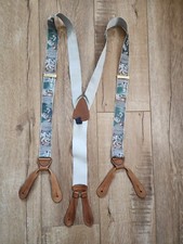 Vintage TRAFALGAR Baseball Print Suspenders Tan Leather Trim Tabs Limited Ed