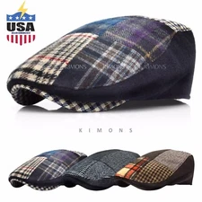 EM Patch Plaid Ivy Hat Wool Herringbone Gatsby Cap Golf Driving Cabbie Newsboy