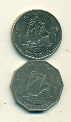 2 - 1 DOLLAR COINS w/ SHIPS..the EAST CARIBBEAN STATES..2000 & 2004..2 TYPES