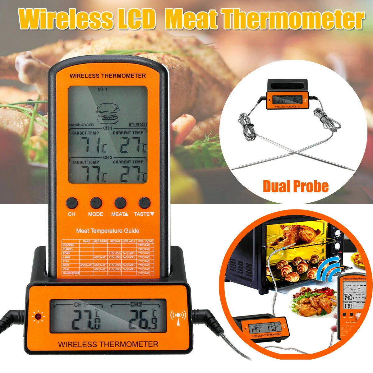 Wireless Remote Digital Thermometer Dual 2 Probe For BBQ Meat Smoker Grill Oven
Opens in a new windo