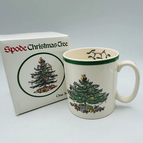 Vintage Spode England Christmas Tree Santa 8oz Coffee Tea Mug Cup Green Trim NIB