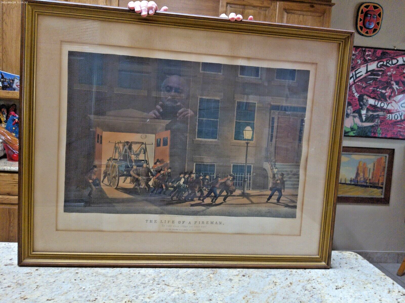 1854 HAND COLORED NEW YORK CITY "THE NIGHT ALARM" N. CURRIER RARE  FIREMAN PRINT