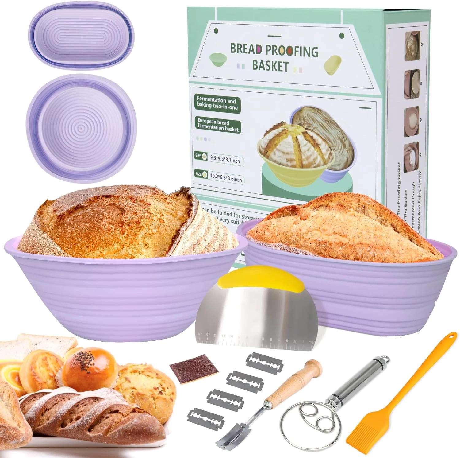 Silicone Banneton Bread Proofing Baskets 9" Round & 10" Oval Foldable Complete S