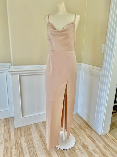 NBD Revolve Lila Gown Sleeveless High Slit Cowl Neck Maxi Dress Beige Small - Picture 3 of 5