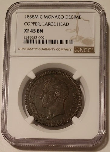 Monaco 1838 M C Decime Copper Large Head XF45 BN NGC