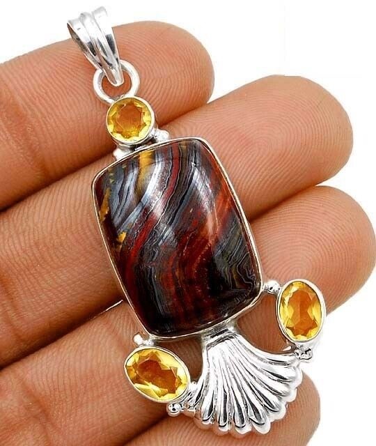 Natural Tiger Iron Jasper 925 Solid Sterling Silver Pendant Jewelry @11-7