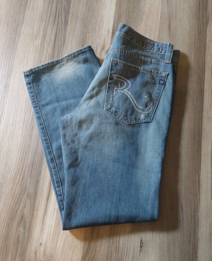 Rock & Republic Torque Jeans Mens 34x32 Blue Distressed Straight Leg Denim Pants