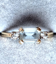 14K Gold Aquamarine Diamond Ring Emerald Cut Band