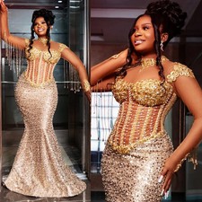 Luxury Golden Ball Dress Long Sleeve Beaded Tassel Sparkling Lace Evening Gown