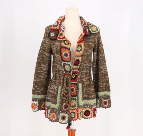 BOSTON PROPER Crochet Knit Cardigan Sweater Wool Blend Boho Granny Square XS
